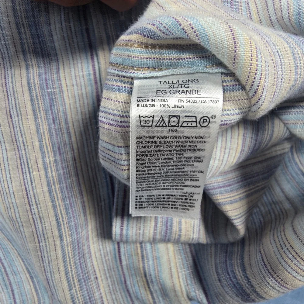 Banana Republic Mens XL Tall Linen Shirt Short Sleeve Striped Blue Tan Standard